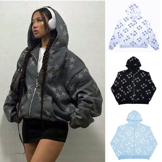Women's Stars-Print Zip-Up Hooded Cardigan