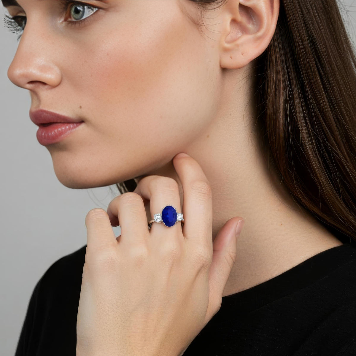 2.50 CTW Oval Blue Sapphire & Lab-Grown Diamond Three-Stone Ring